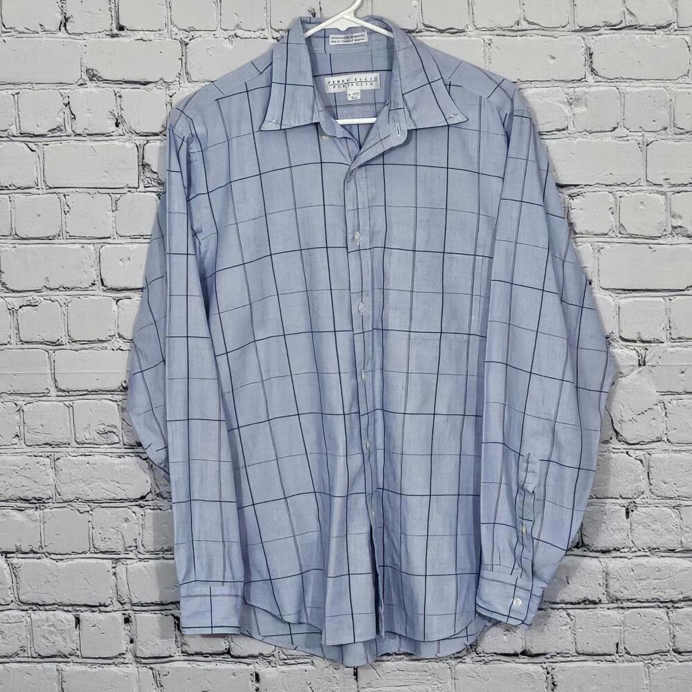 2/$20 Perry Ellis Portfolio Blue Checked Long Sleeve Shirt Size 16 34/35 L